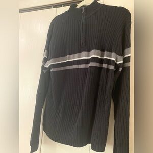 Men's Black and Gray Striped Zip-Up Sweater
